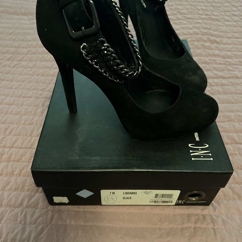 Inc black platform heels ankle chain strap